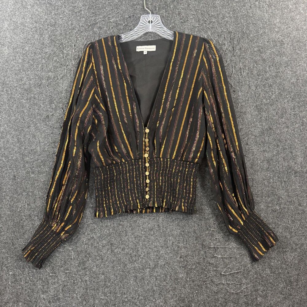 Karina Grimaldi Blouse Women's Medium Black Striped Metallic Puff Sleeve Cropped